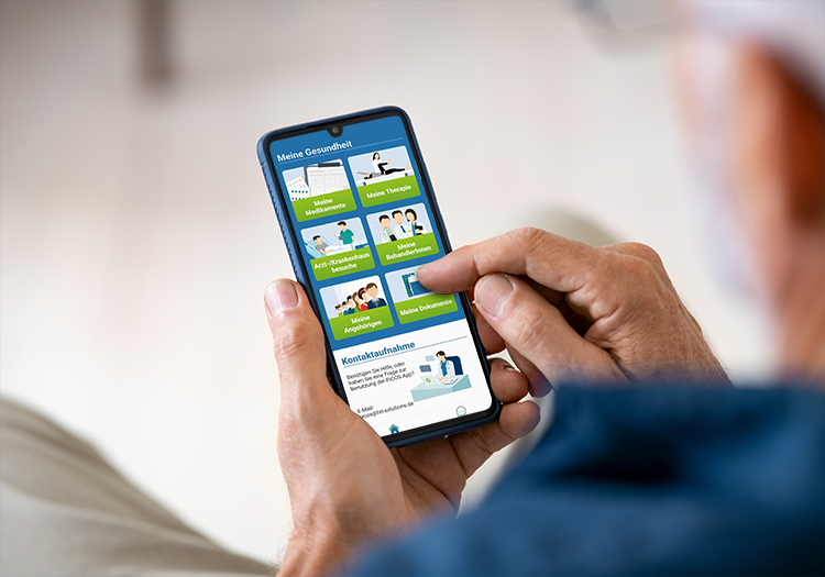 Ein älterer Mann nutzt auf seinem Smartphone die PICOS-App zur Nachsorge nach seinem Aufenthalt auf der Intensivstation.