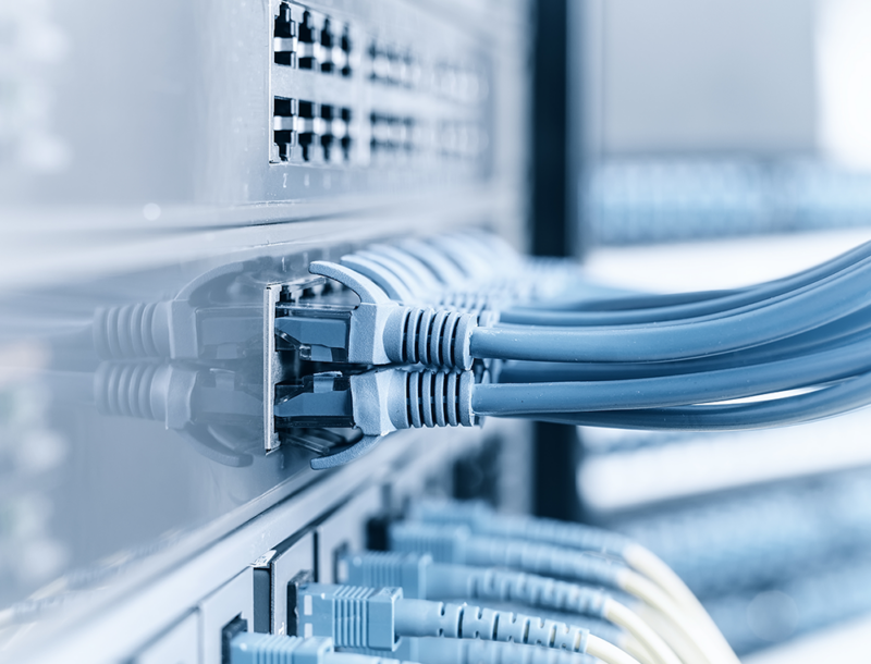 Darstellung einer IT-Infrastruktur: Nahaufnahme von mehreren blauen Ethernet-Kabeln, die in Netzwerk-Switches eingesteckt sind. Die Kabel verlaufen geordnet in verschiedene Ports, während das Bild eine klare, technisch saubere Umgebung vermittelt.